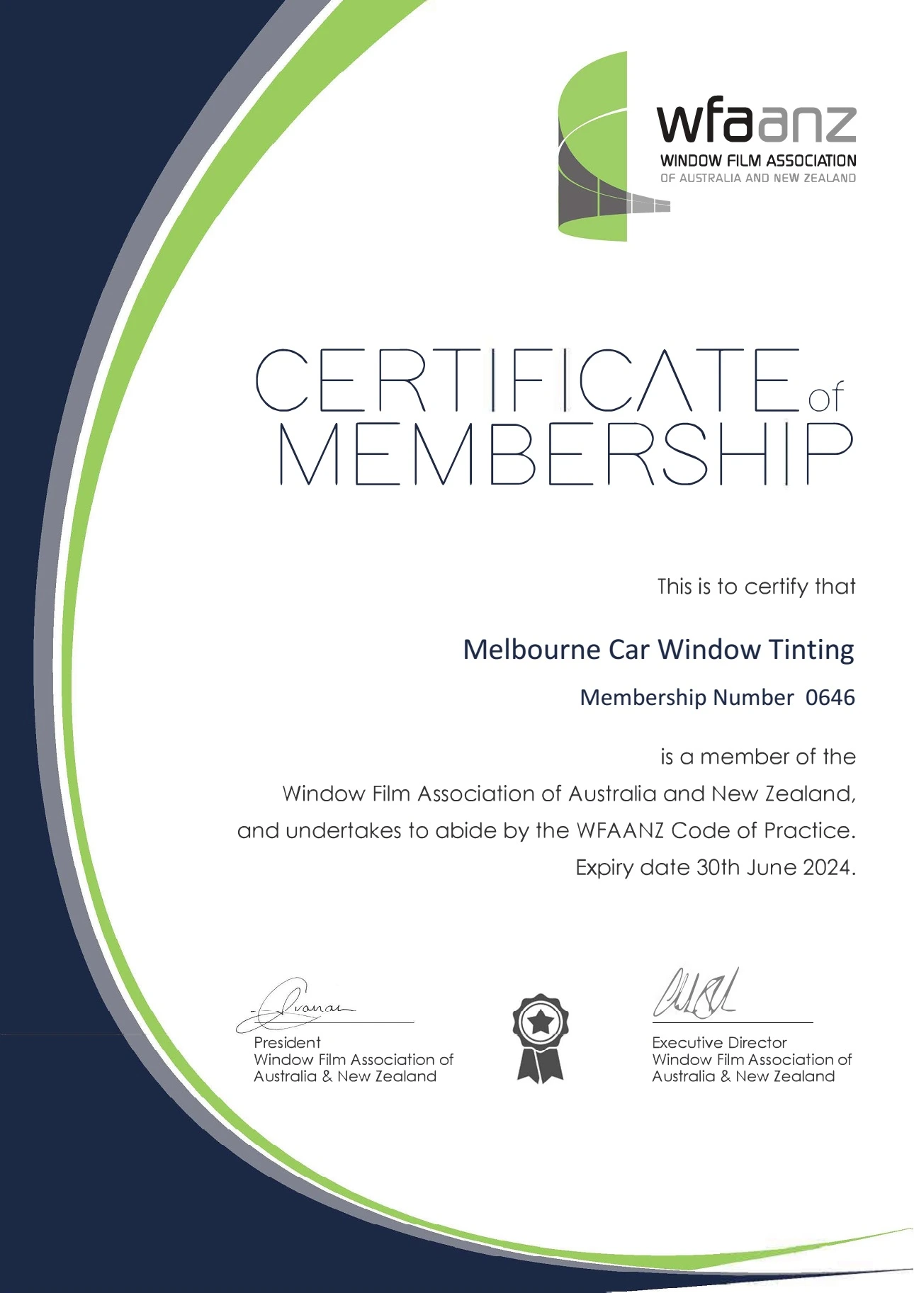 Melbourne Car Window Tinting Certificate